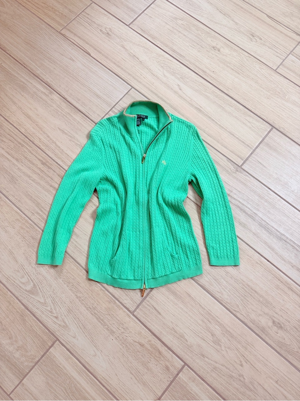 Lauren Ralph Lauren Green Cable Knit Zip Cardigan Sweater Gold Trim Size L